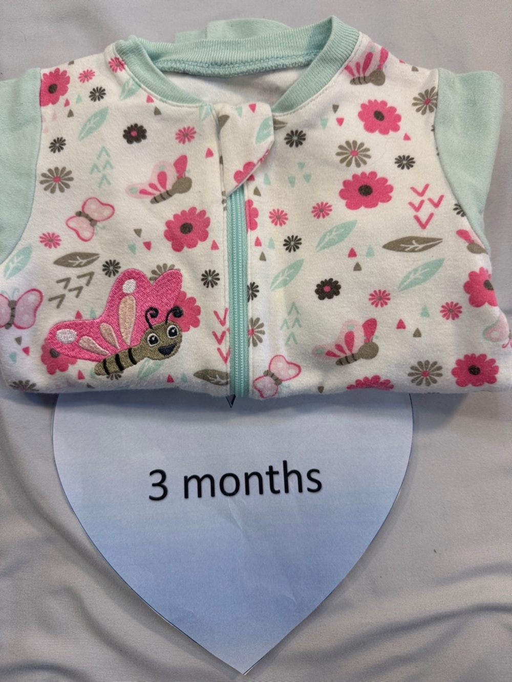 Tuffy - baby onesie sleeper with Pink and Mint Design and butterfly patch